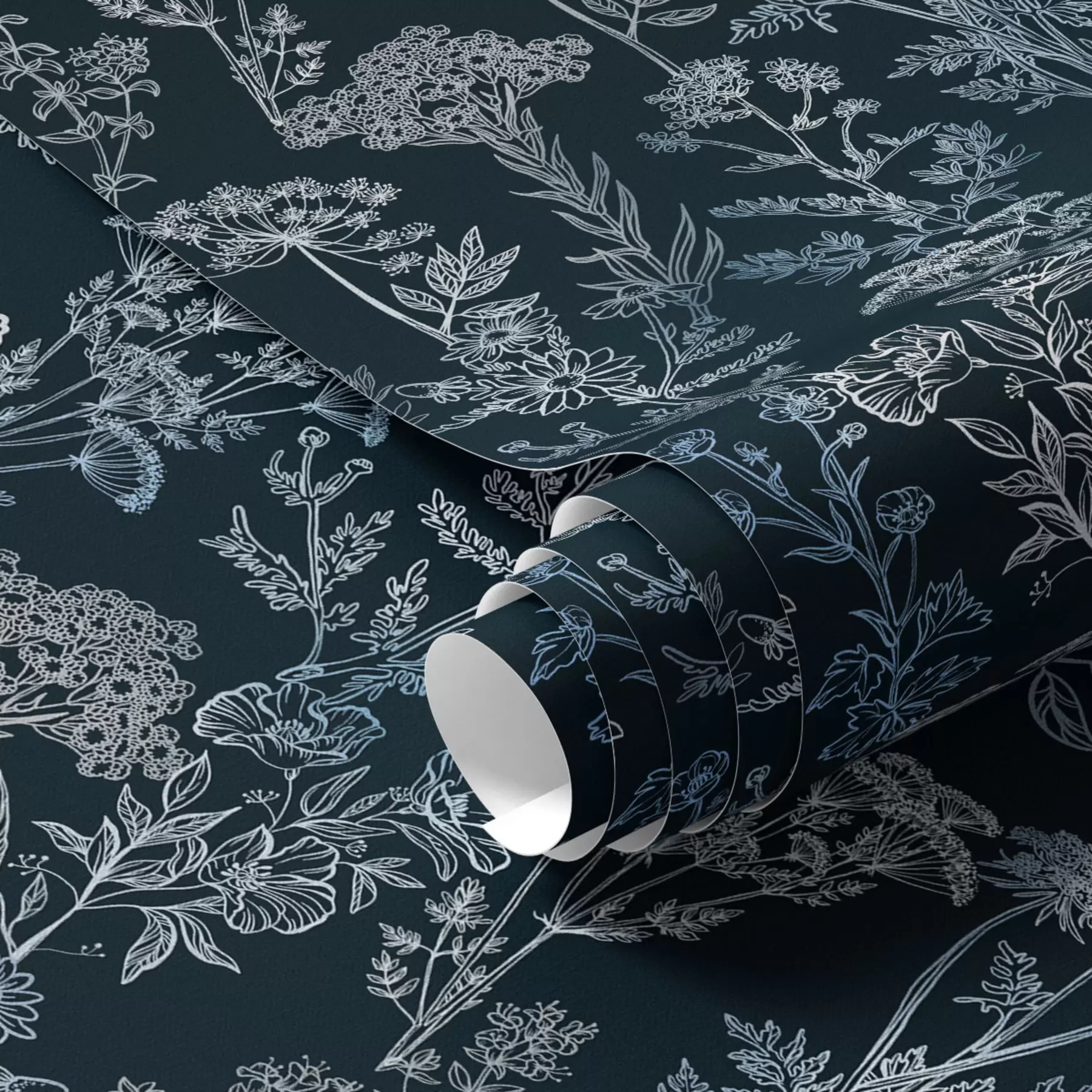 Murale Plantes blanches et bleues sur fond sombre a00029