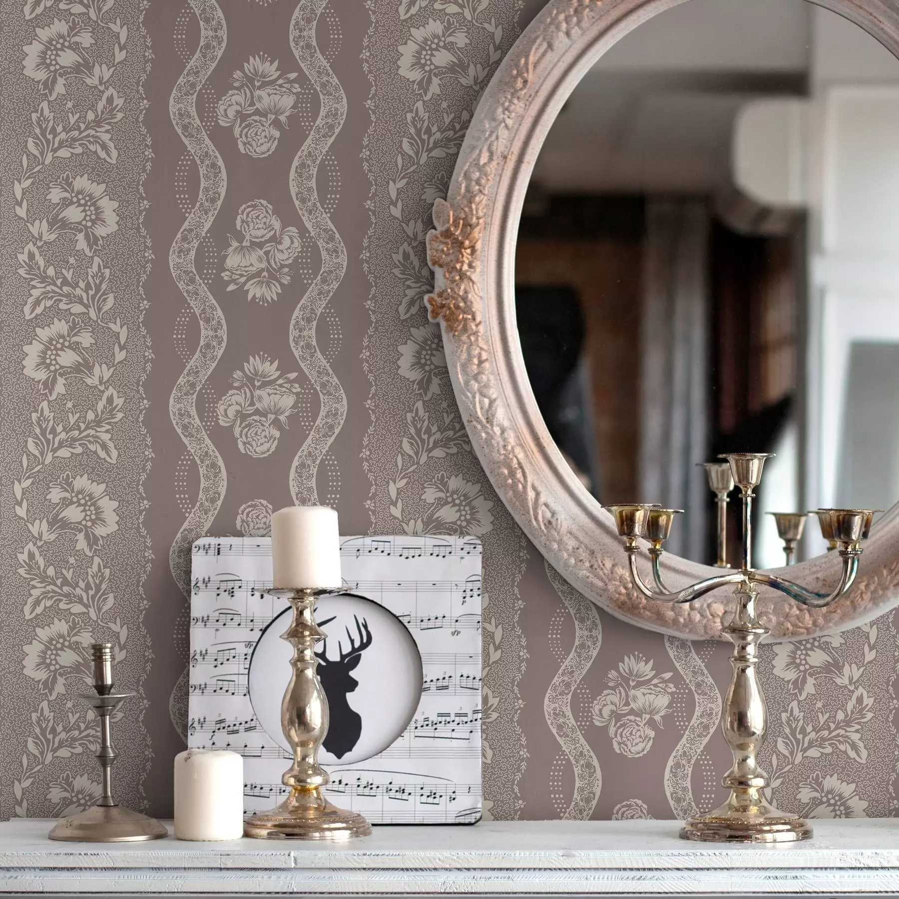 Murale Ornement géométrique doux avec des fleurs et des lignes courbes a00033