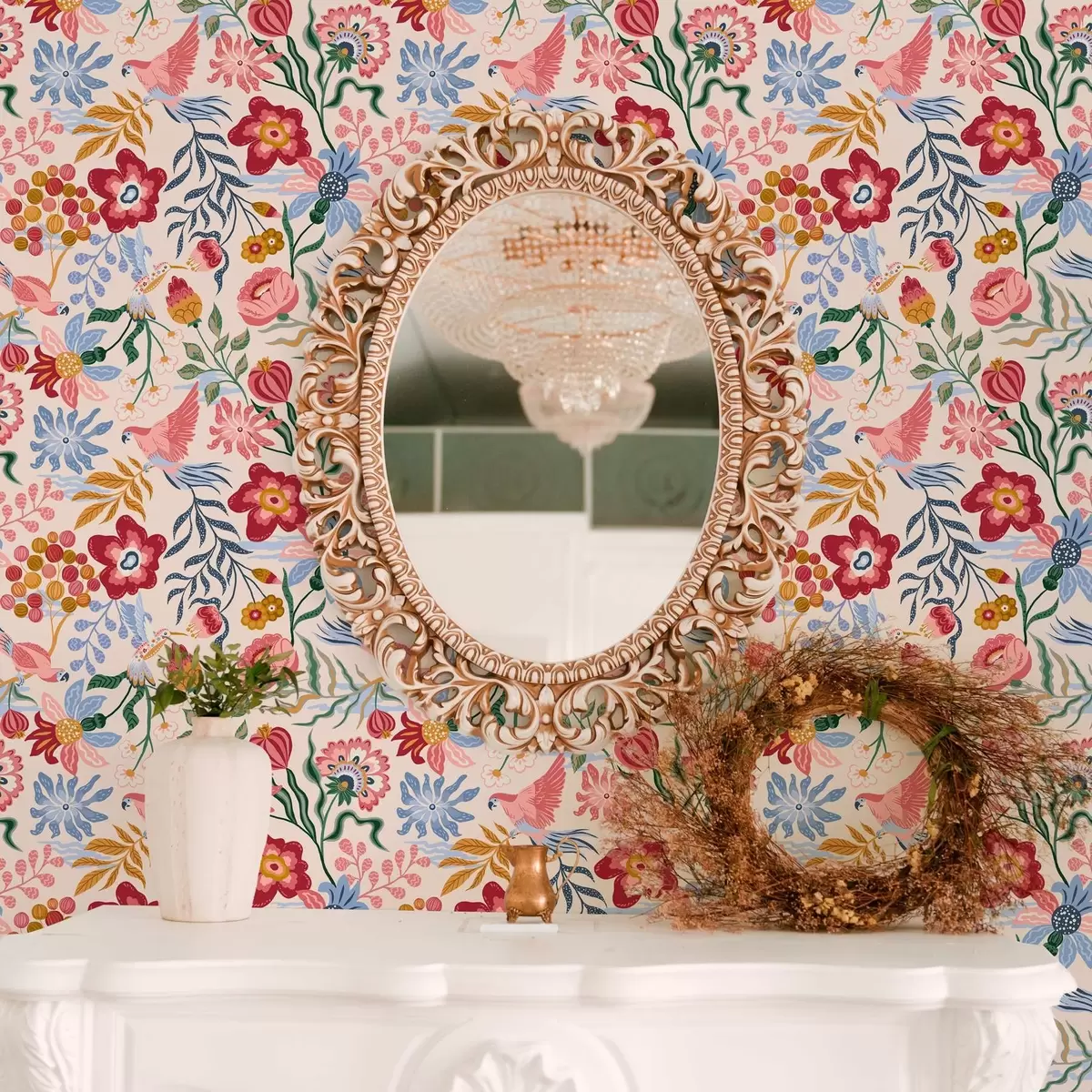 Baggrund Lys blomster- og bærkomposition med papegøjer a00046