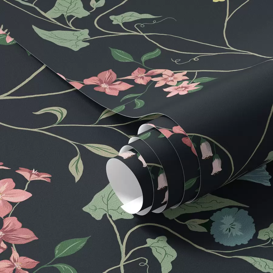 Fototapete Blumen, Blätter und Stängel auf dunklem Hintergrund a00047