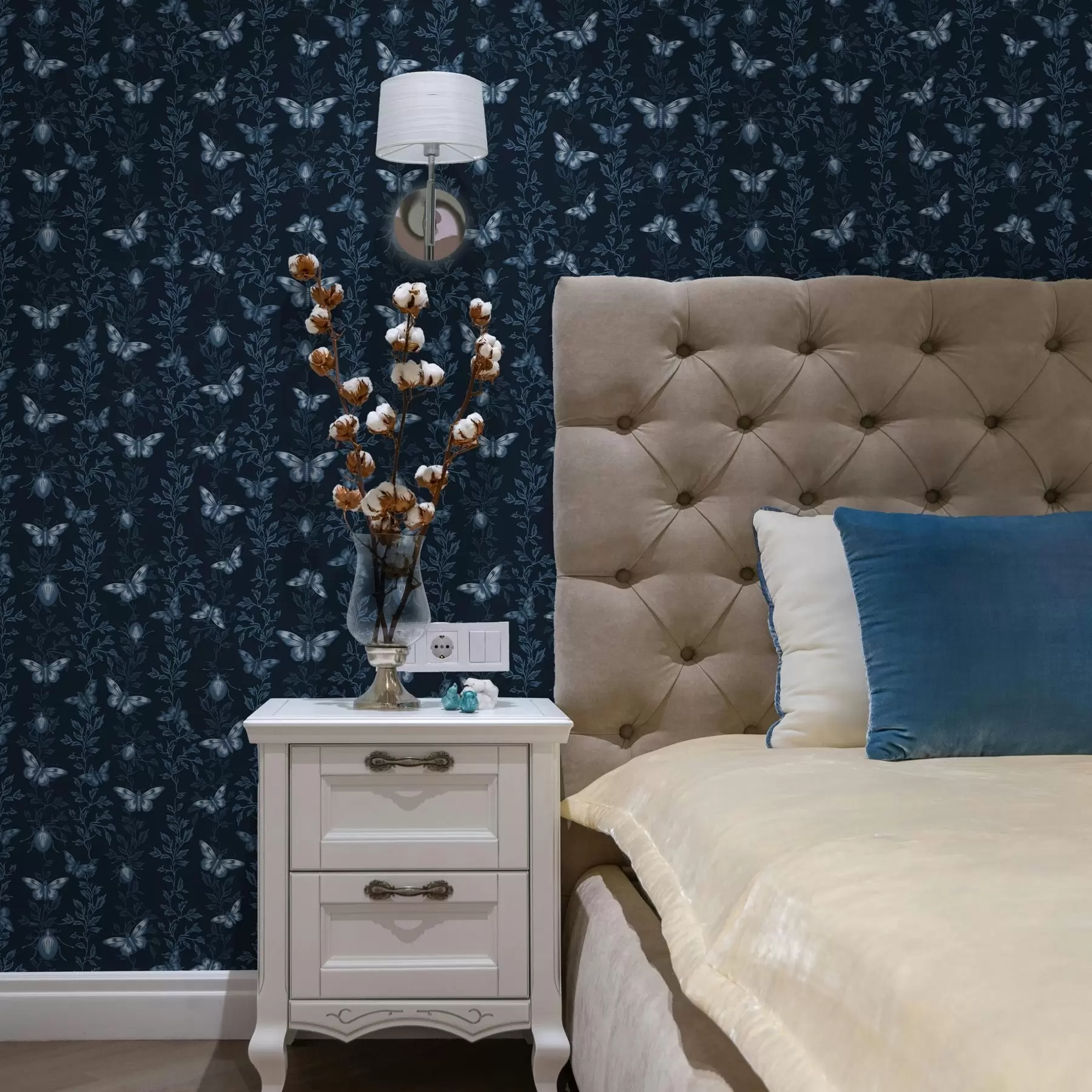 fototapeter Komposition med sommerfugle, blade og insekter på blå baggrund a00073