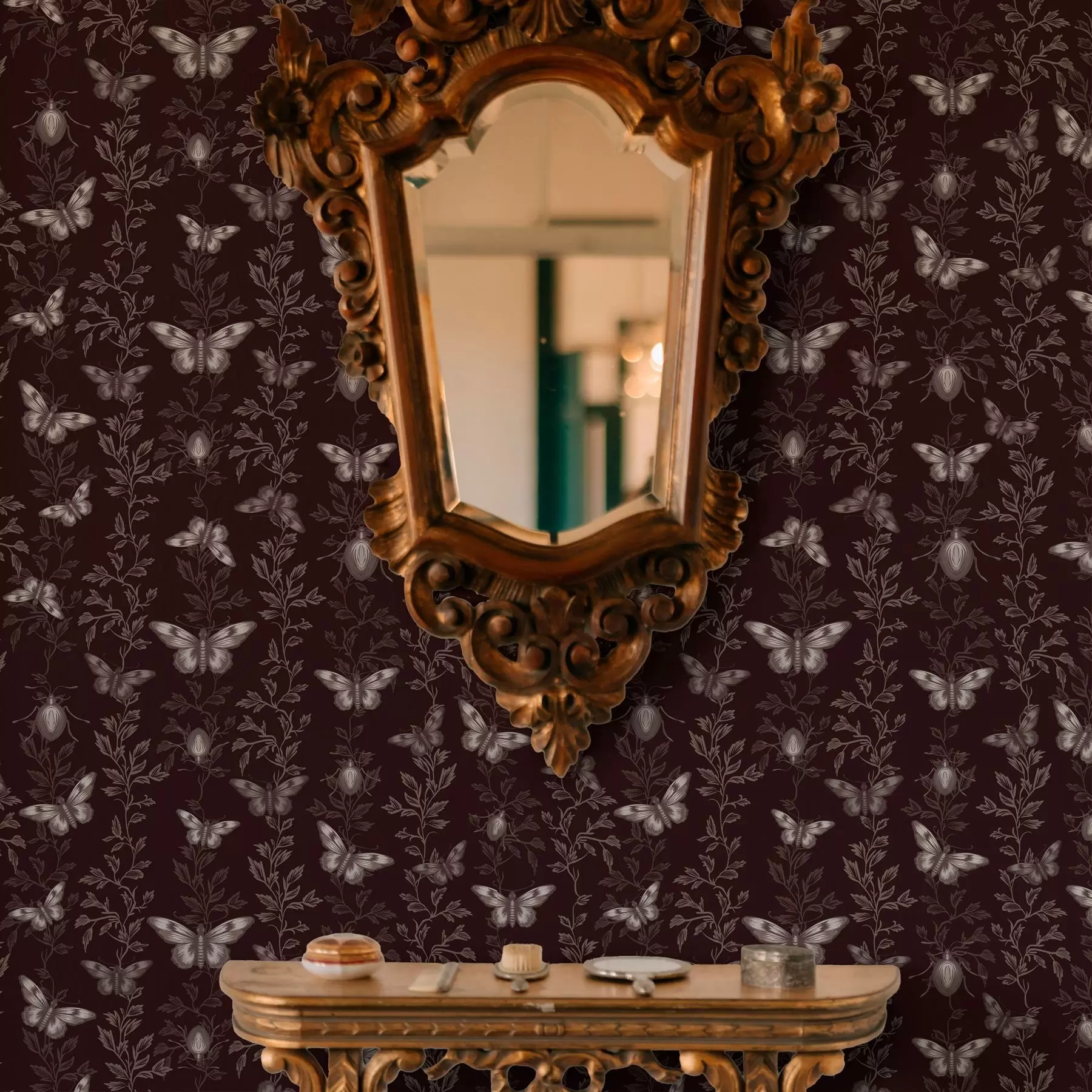 Murale Composition avec papillons, feuilles et insectes sur fond sombre a00073v1