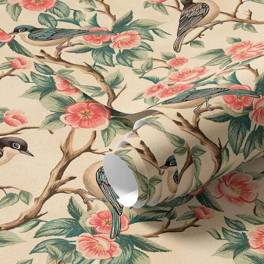 Fototapete Kleine Vögel auf Zweigen mit Blumen auf hellem Hintergrund a00093