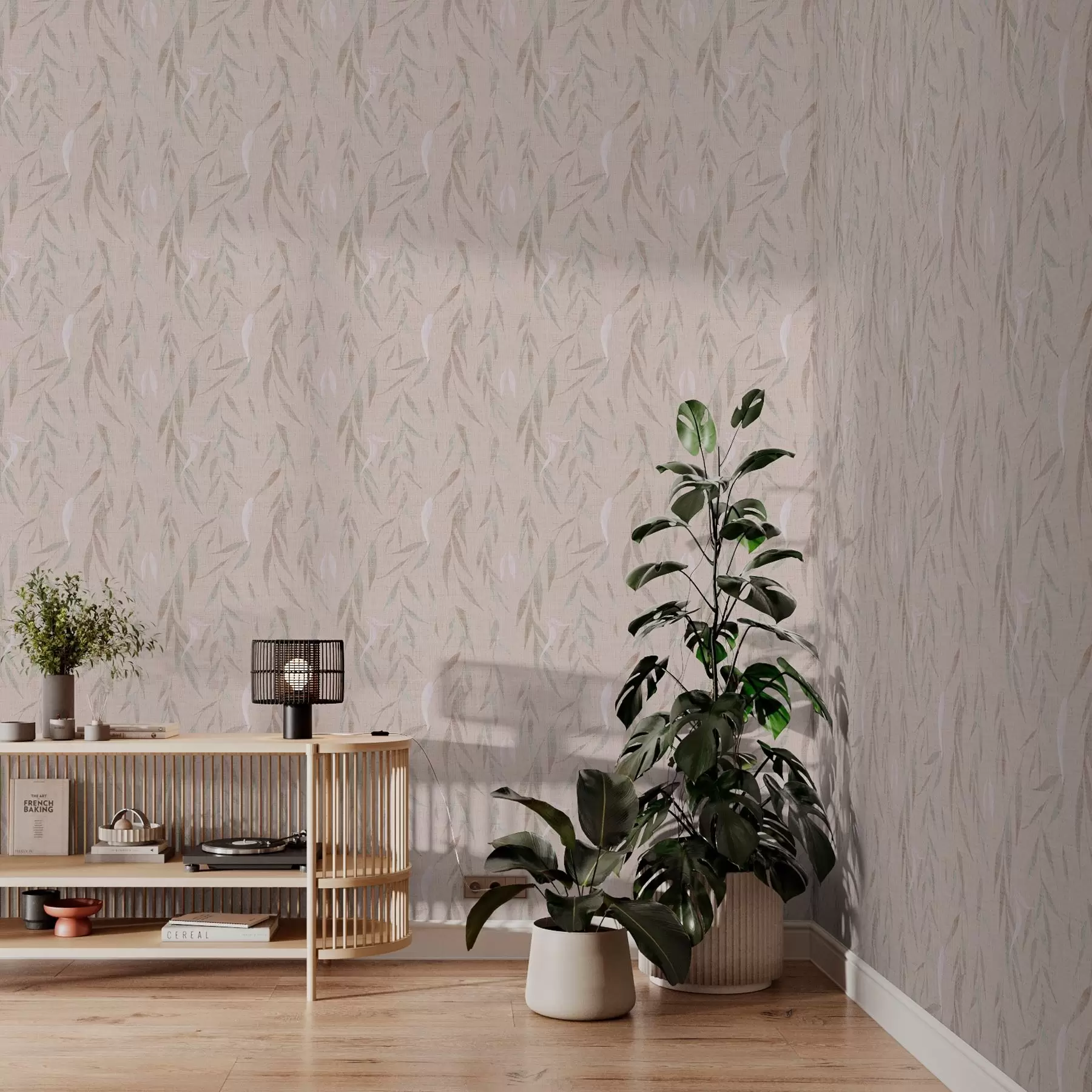 fototapeter Hængende grene med blade på beige baggrund a00095v1