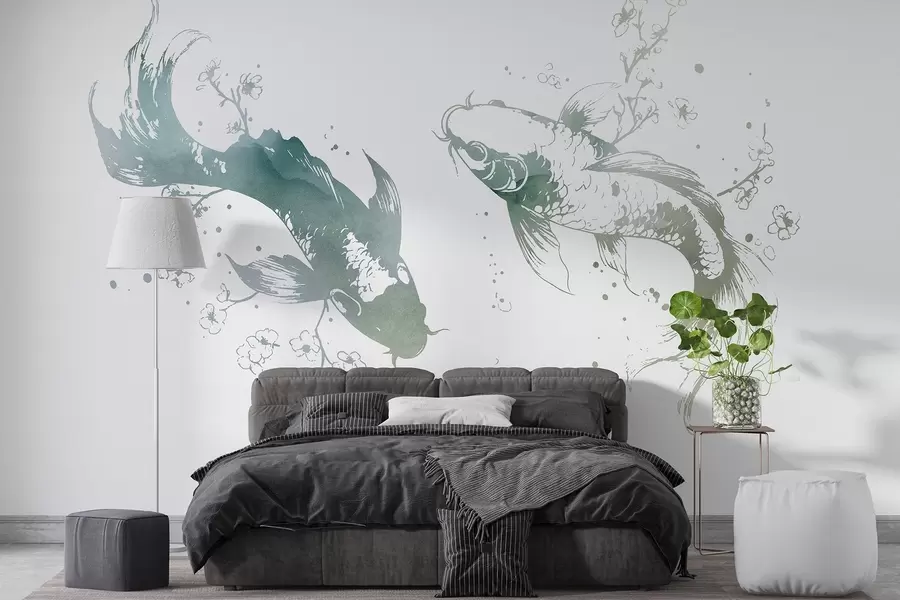 Murale Aquarelle poisson, style oriental, cerisier, couleurs vertes w03447v2