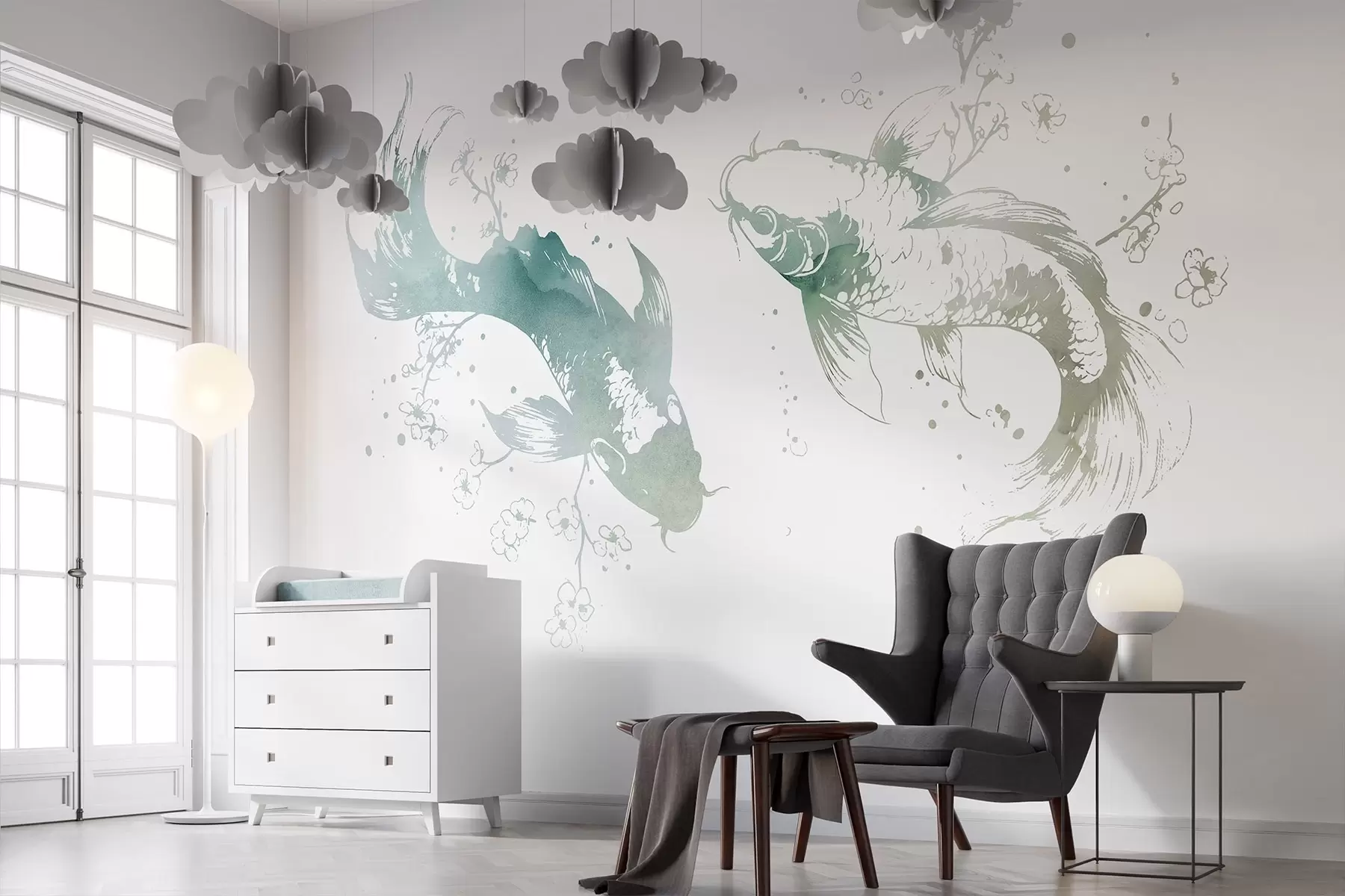 Murale Aquarelle poisson, style oriental, cerisier, couleurs vertes w03447v2