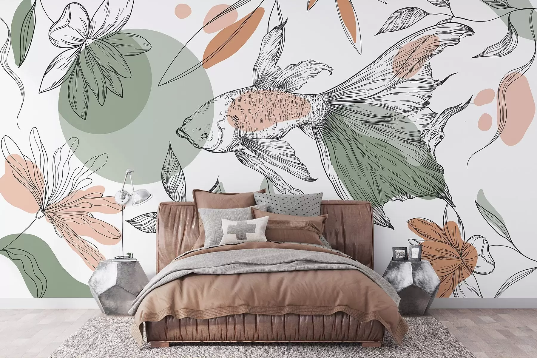 Murale Dessin au trait de poisson avec des fleurs, minimalisme, marin, floral, couleurs naturelles w03448