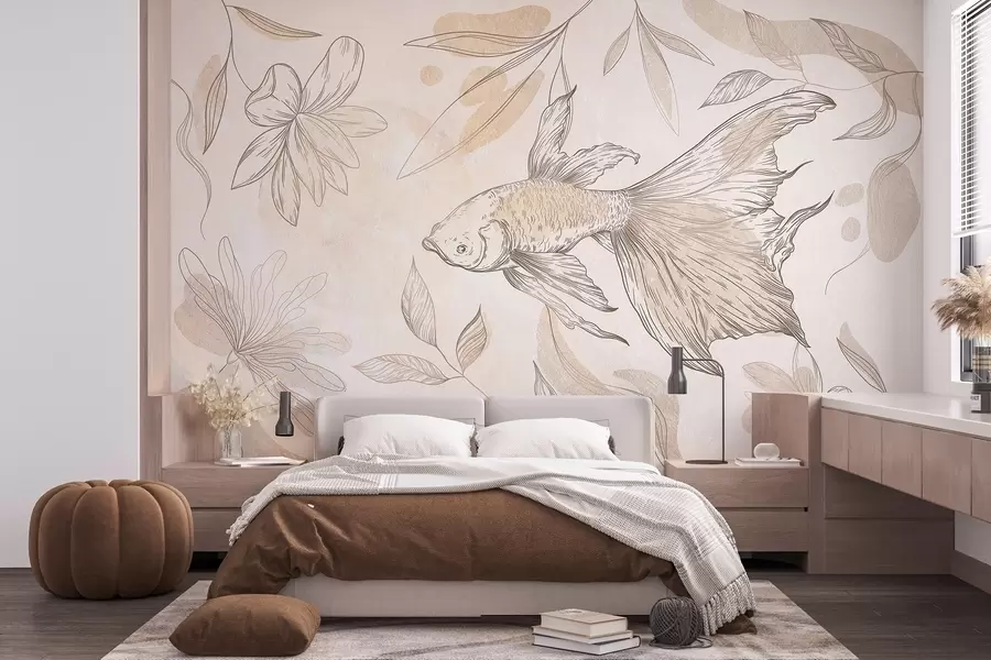 fototapeter Fisk med blomsterelementer, beige baggrund, stregtegning w03517