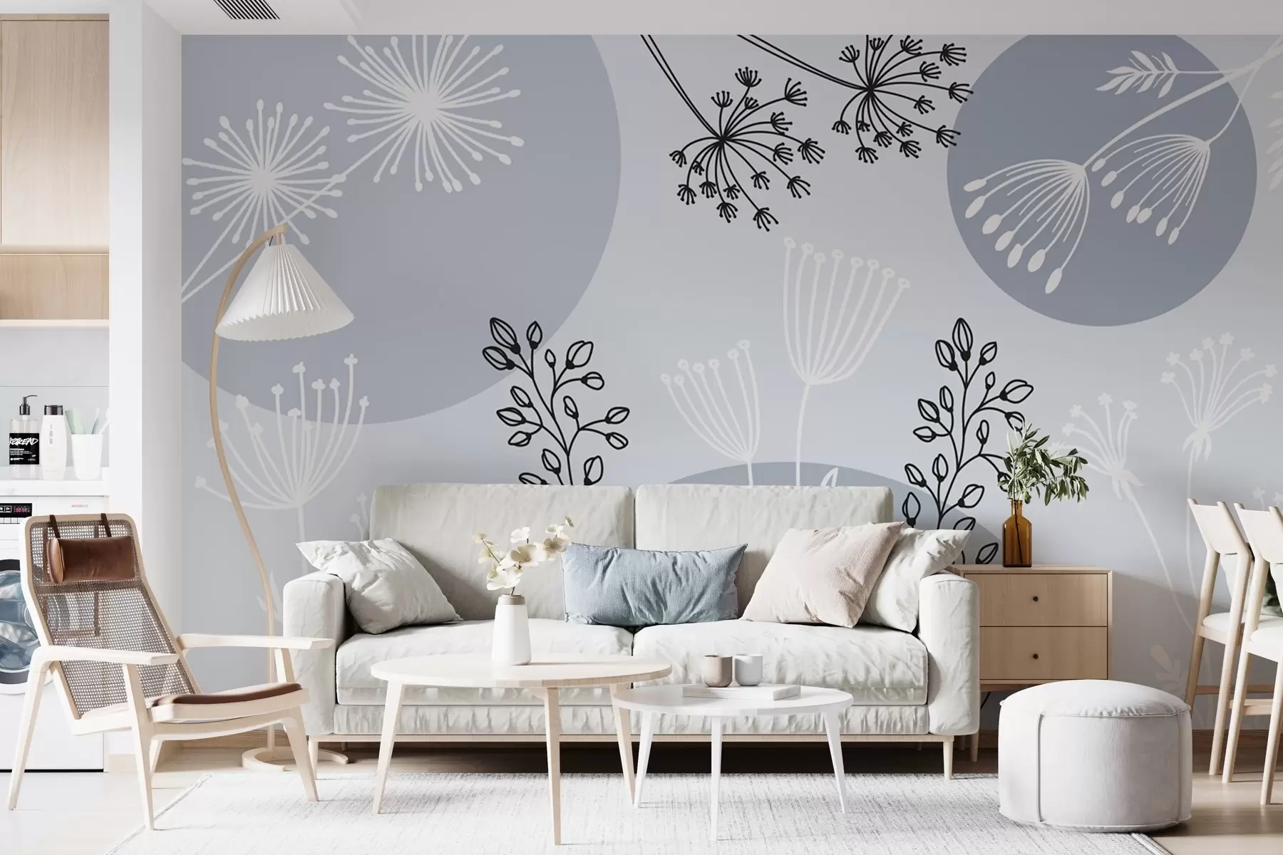 Murale Abstraction avec des cercles et des plantes dans les tons bleus w03483v2