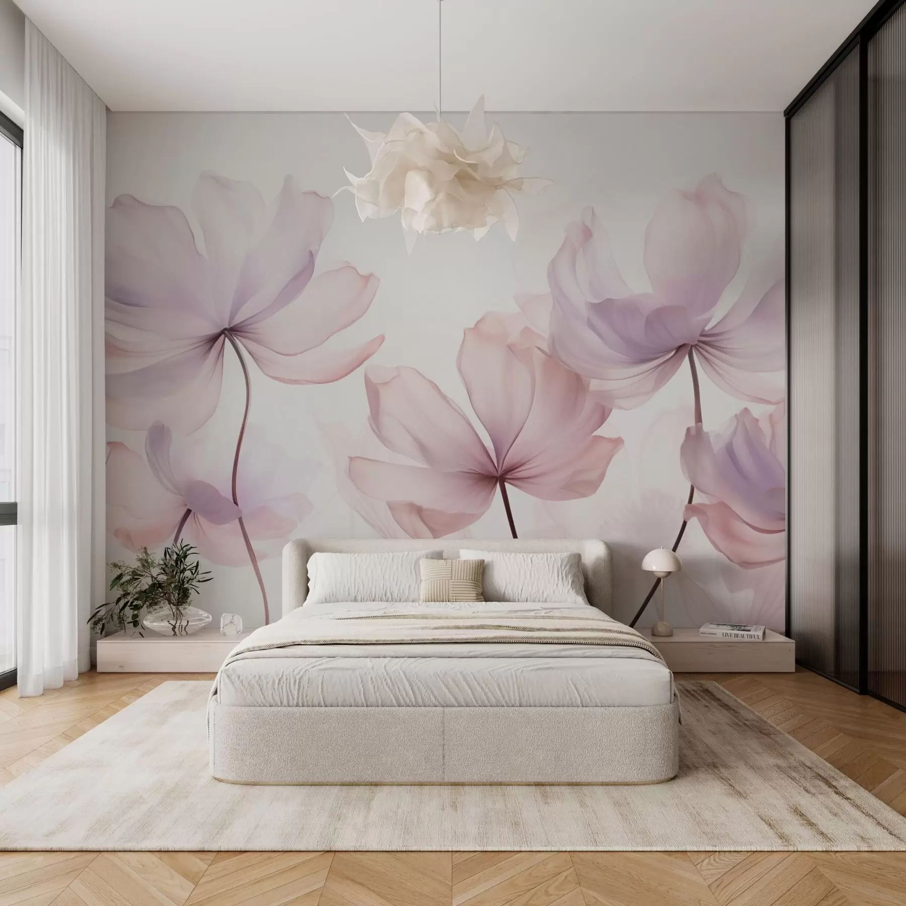 fototapeter Blomstrende blomster i bløde rosa toner w03521