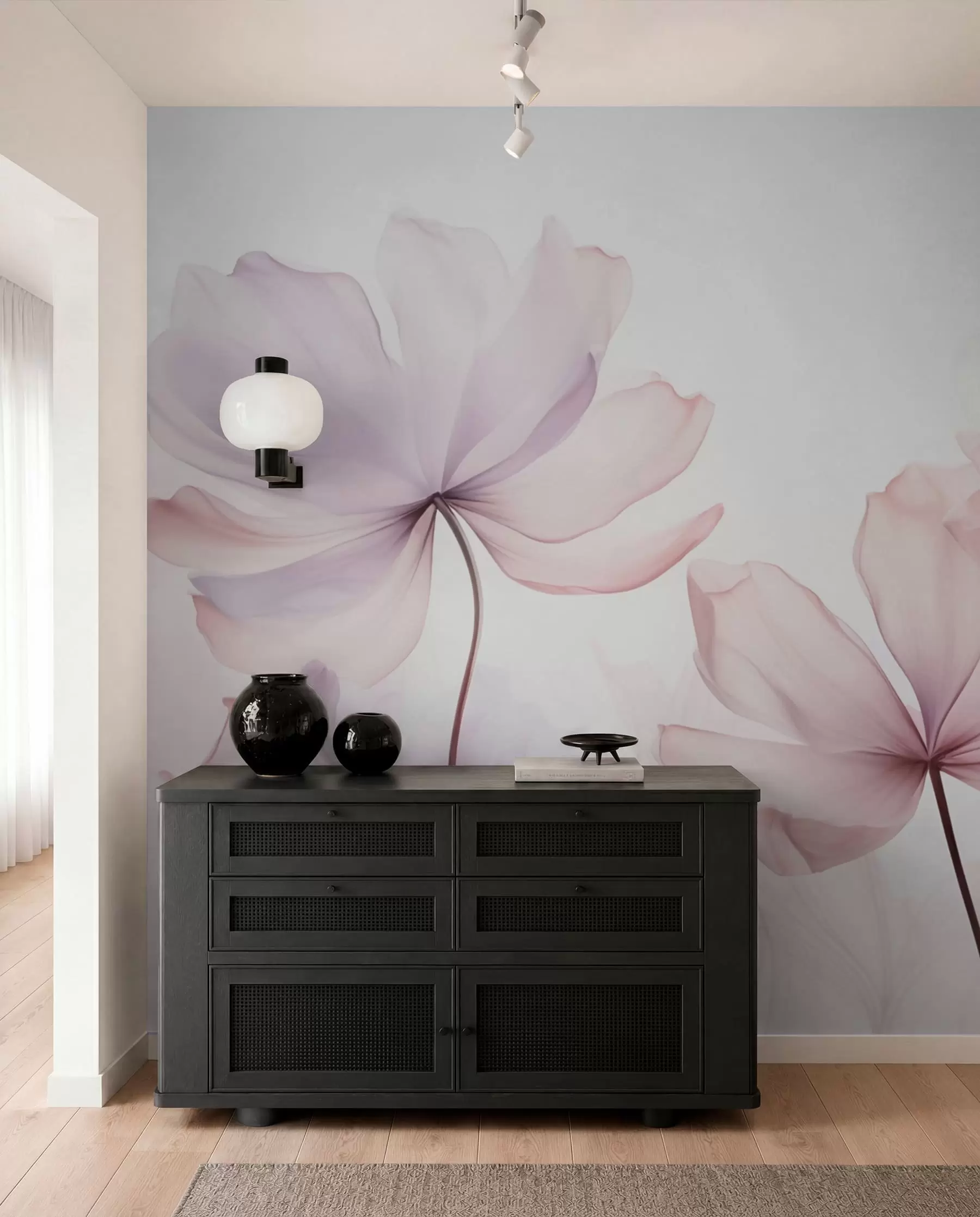 fototapeter Blomstrende blomster i bløde rosa toner w03521