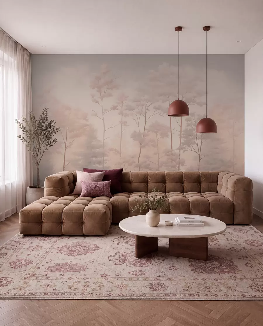 Murale Forêt tendance aux couleurs douces et pastel w03525v1