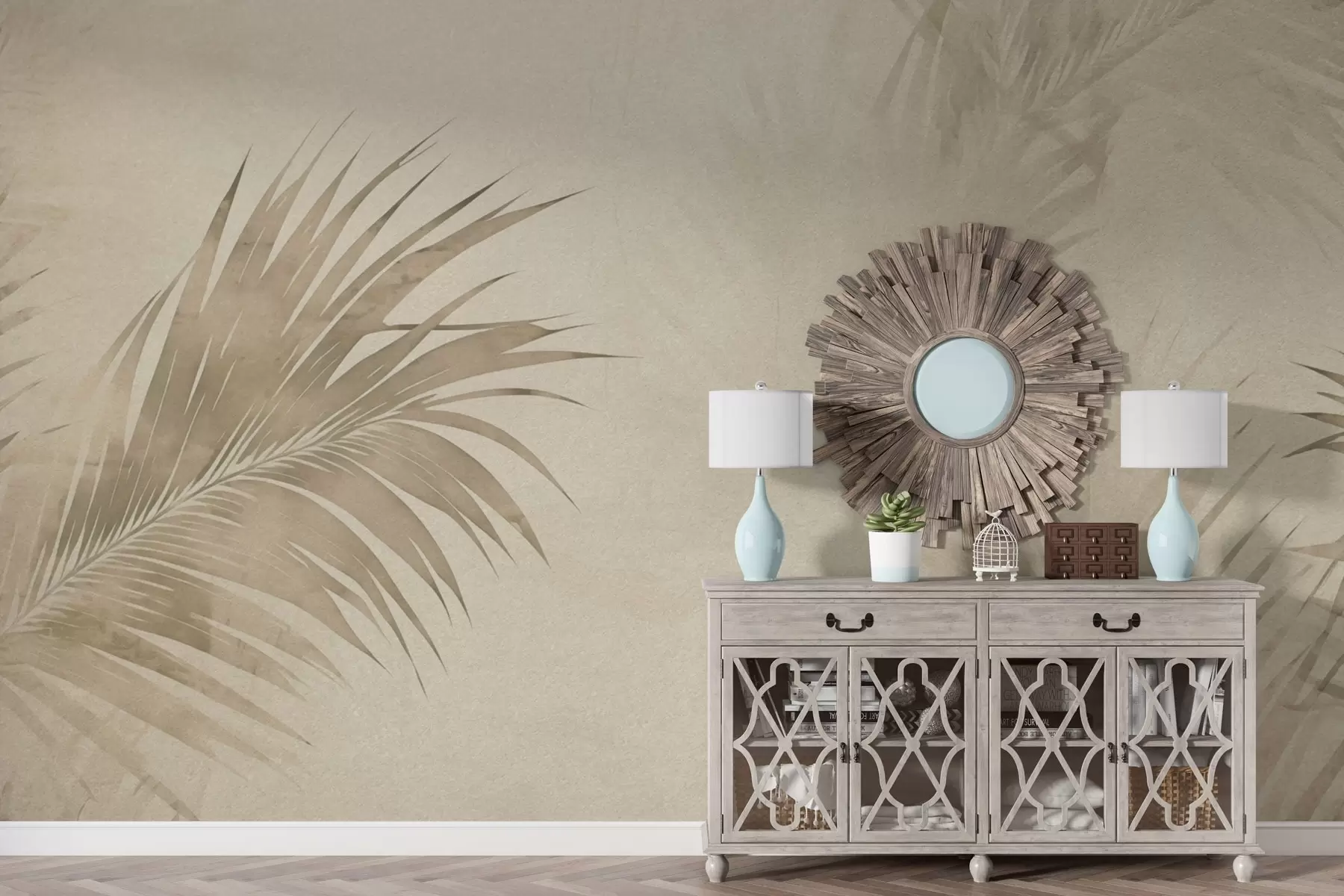 Murale Feuilles tropicales dans le brouillard en style grunge w03534