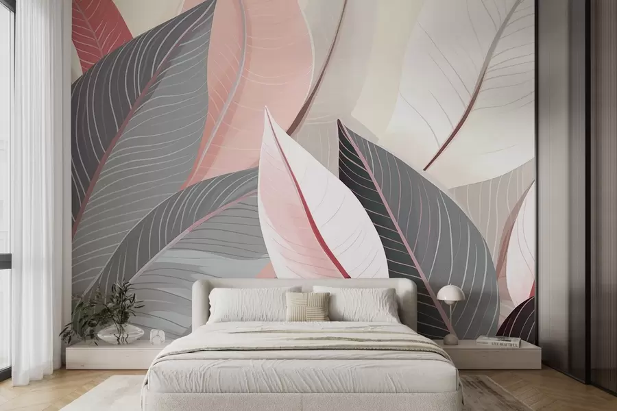 Fototapete Nahaufnahme von Blättern in Grau- und Rosatönen w08944v1