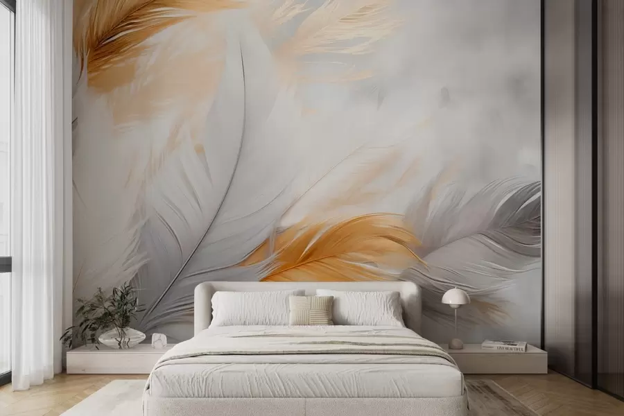 Murale Plumes grises et jaunes sur fond gris w08937