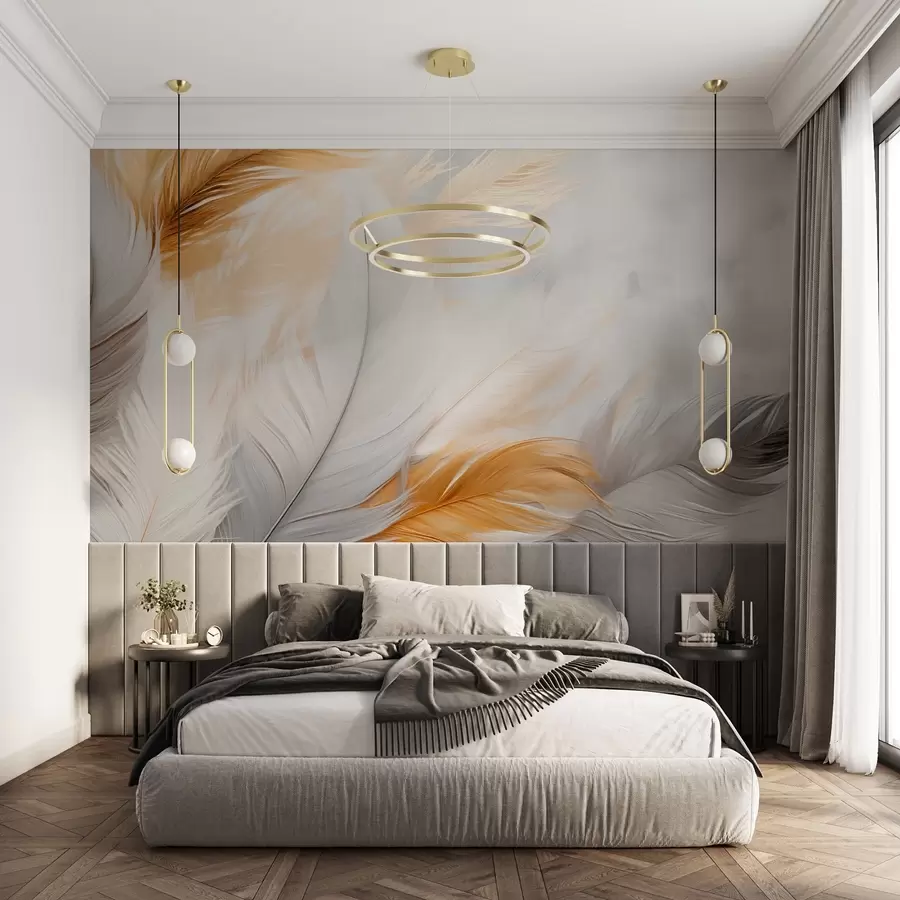 Fototapete Graue und gelbe Federn auf grauem Hintergrund w08937