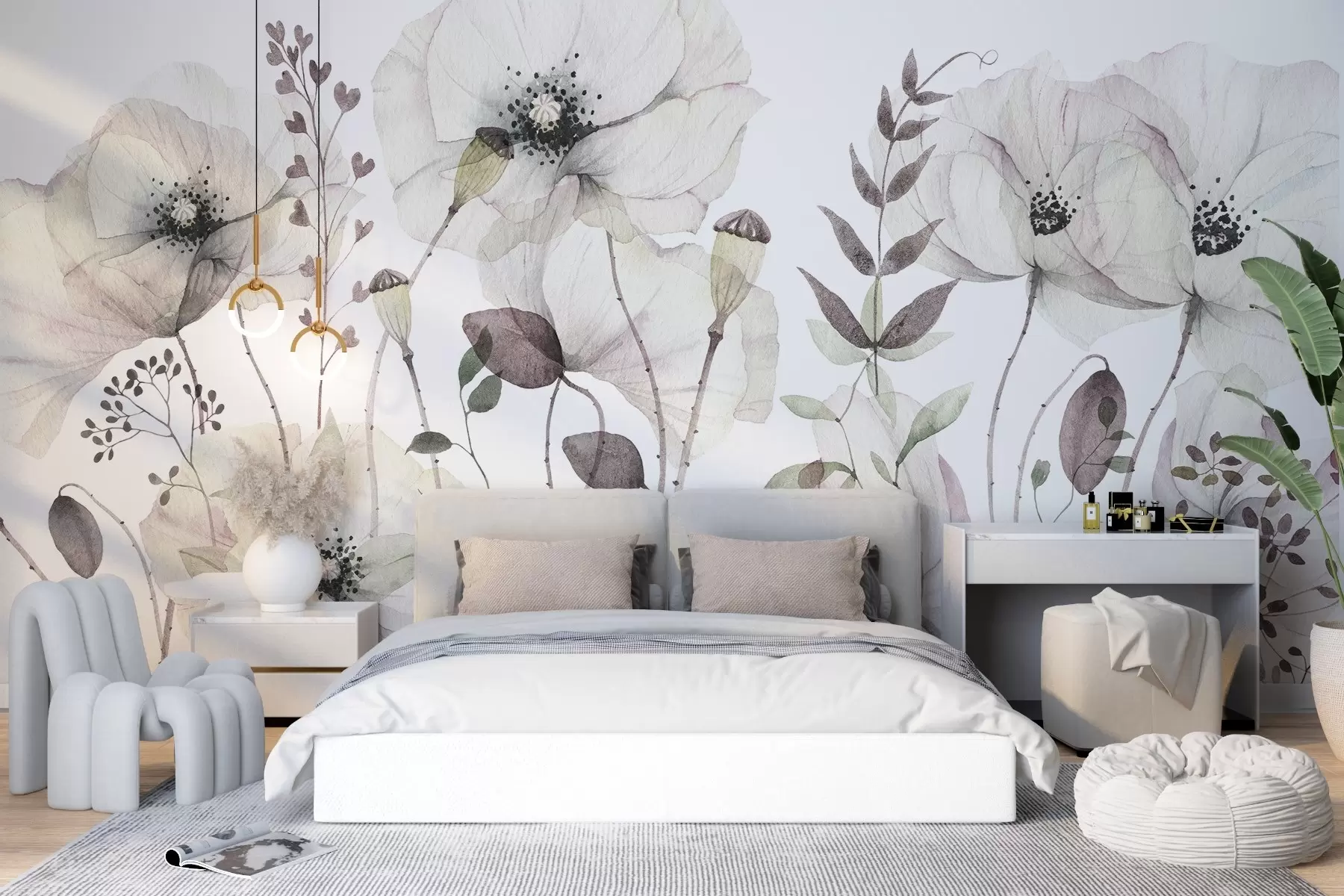 Murale Aquarelle de fleurs sauvages dans des tons naturels doux w03543v1