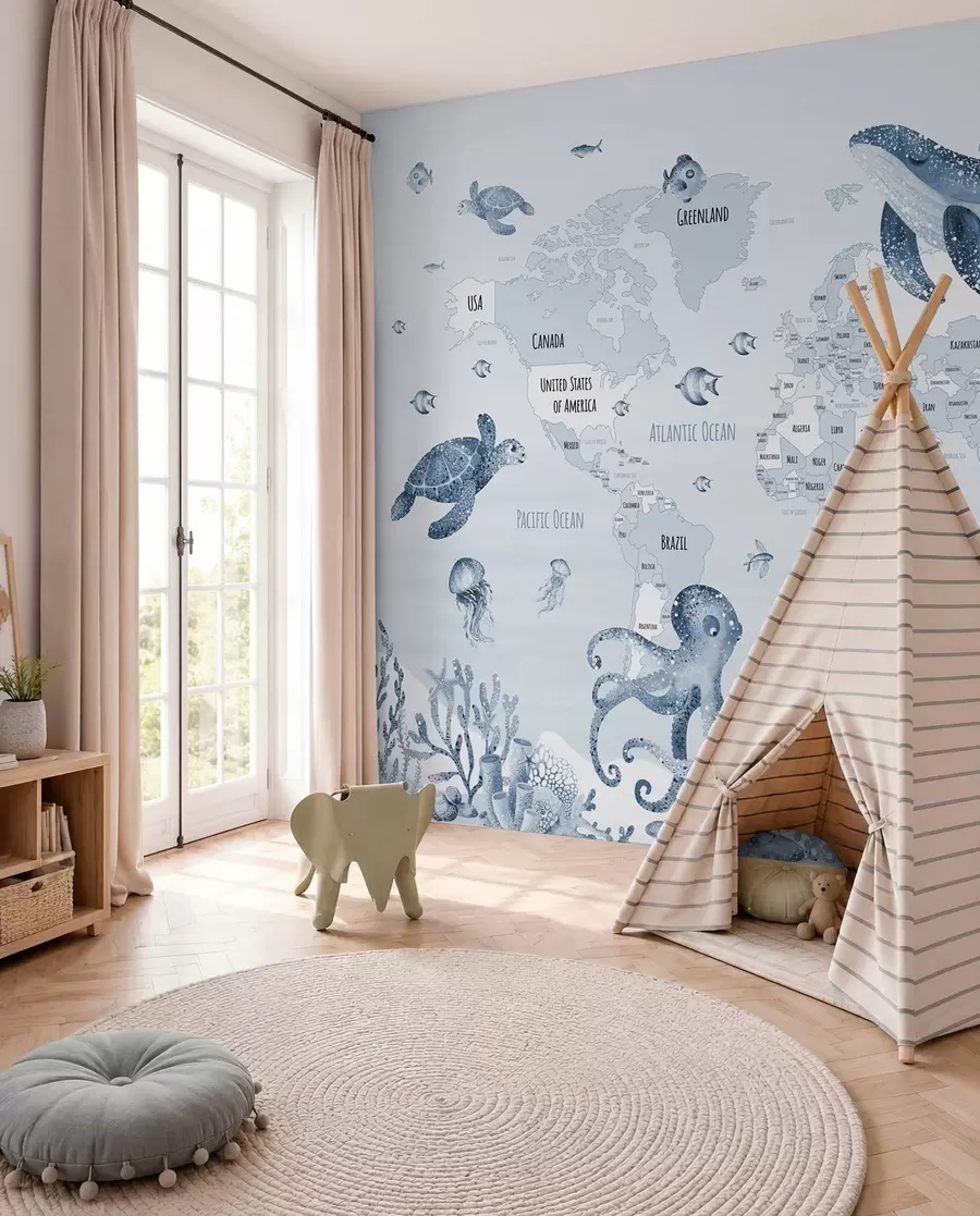 Murale Monde sous-marin avec carte du monde w03526v3