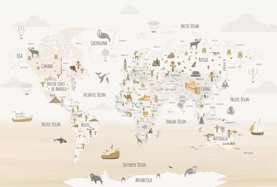 Murale Carte du monde avec animaux et points de repère w03410v1