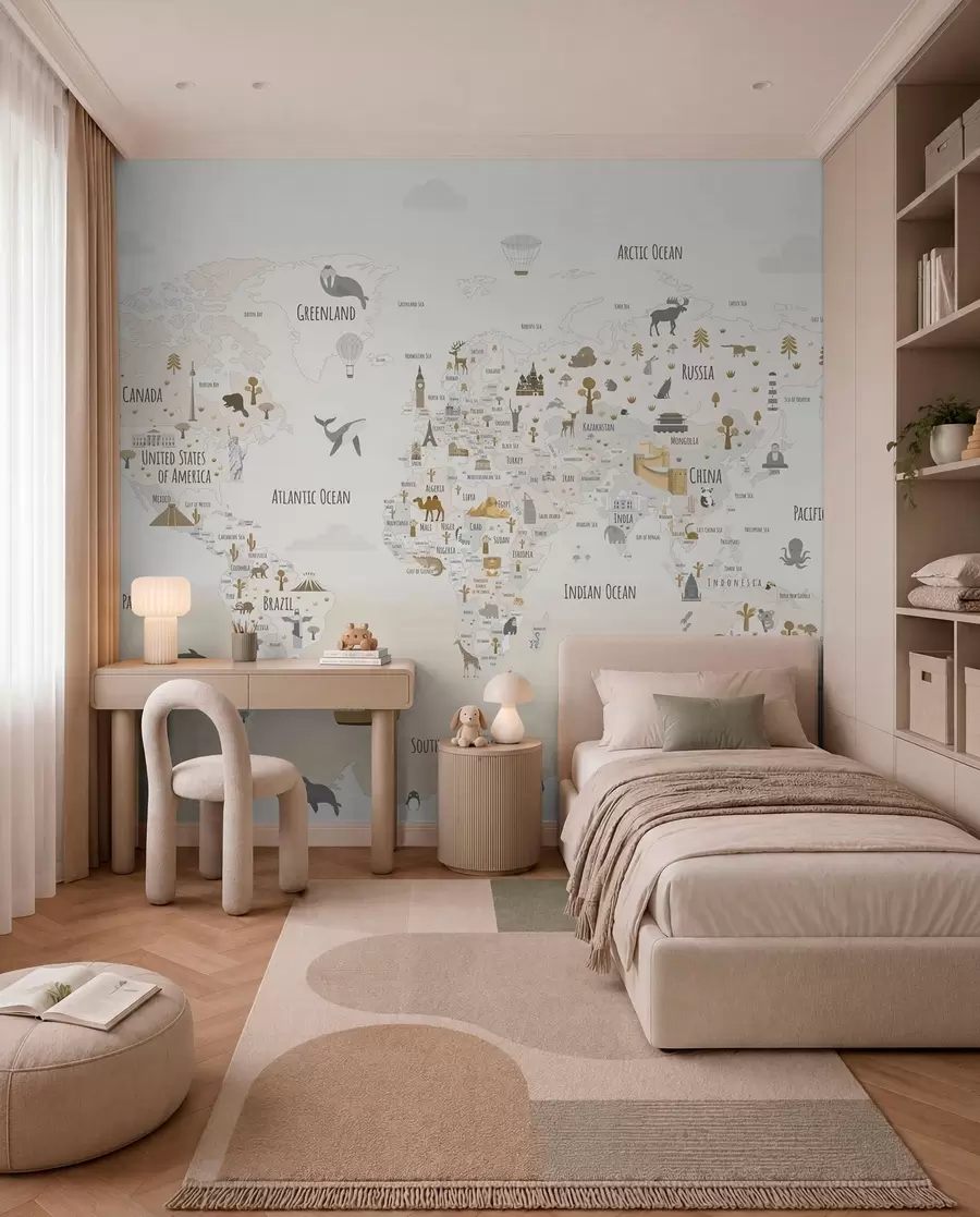 Murale Carte du monde avec animaux et points de repère w03410v1