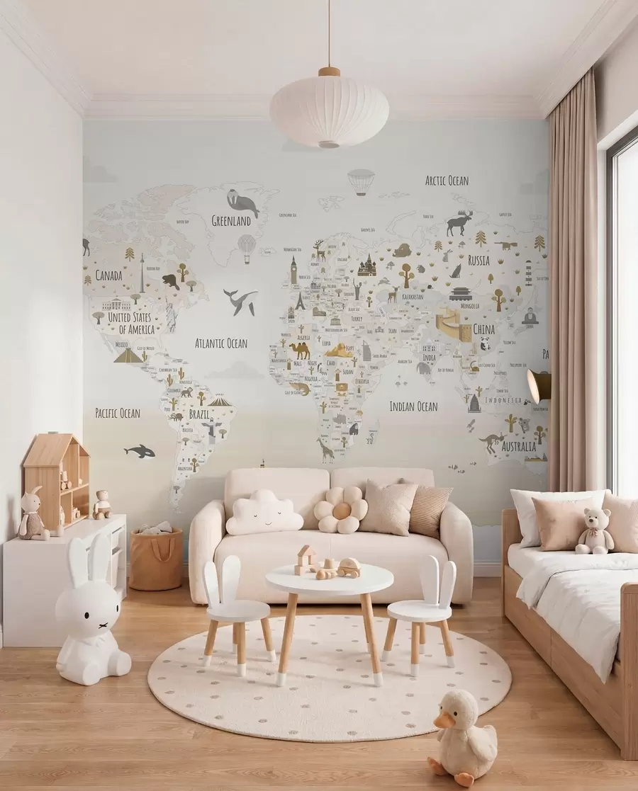 Murale Carte du monde avec animaux et points de repère w03410v1