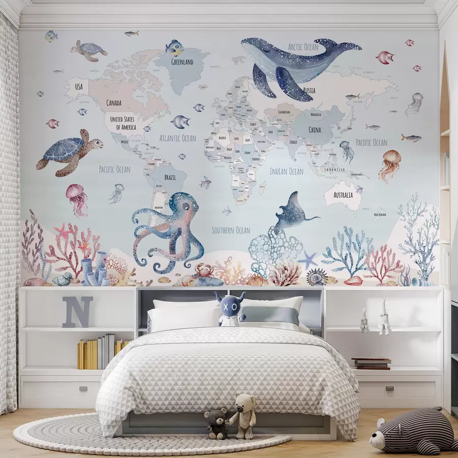 Murale Monde sous-marin avec carte du monde w03526
