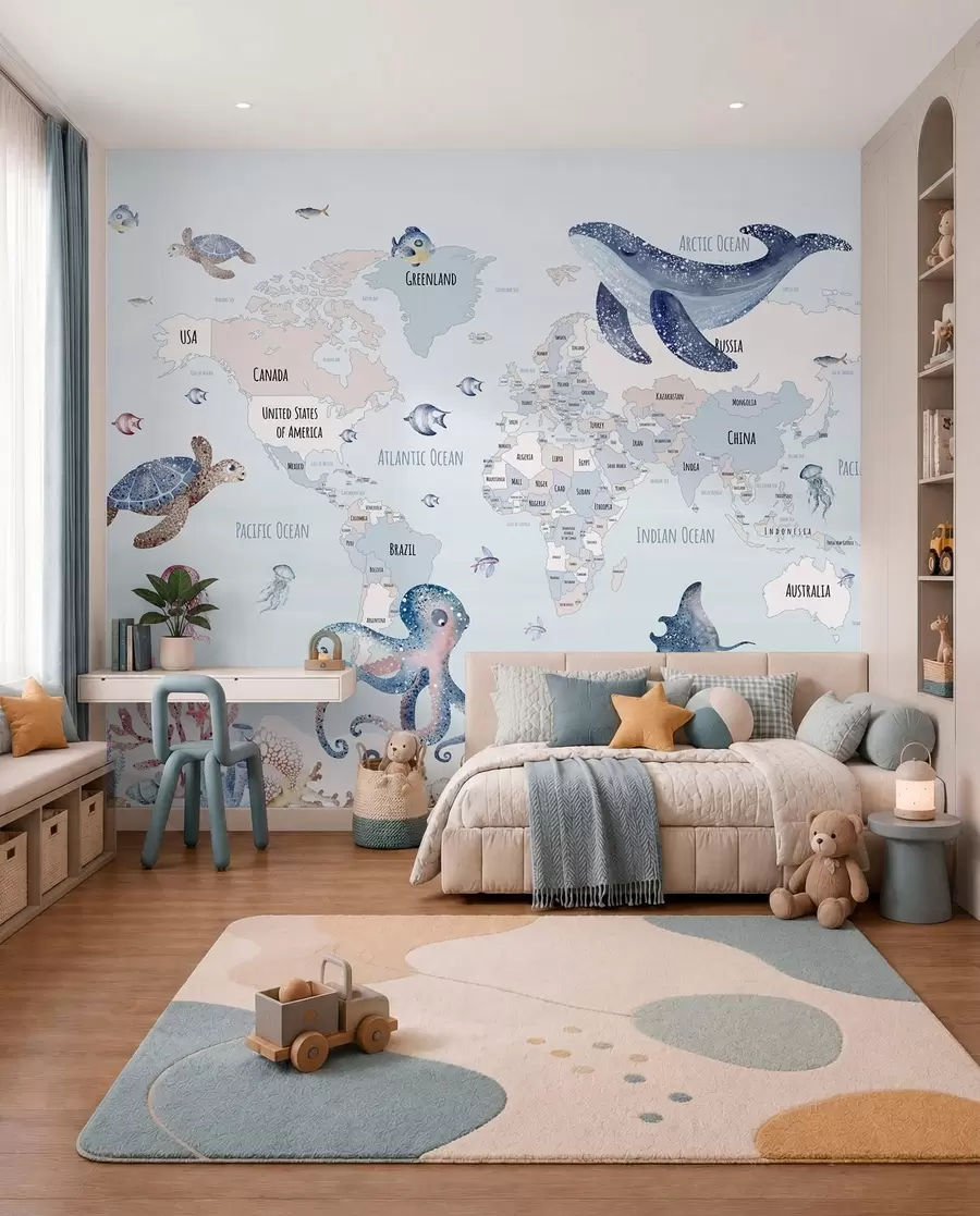 Murale Monde sous-marin avec carte du monde w03526