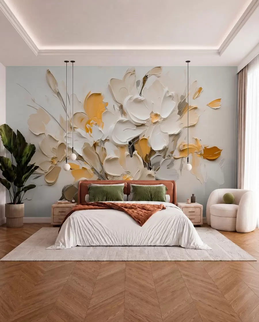 Murale Fleurs abstraites volumétriques dans le style de la peinture à l'huile w03582v2