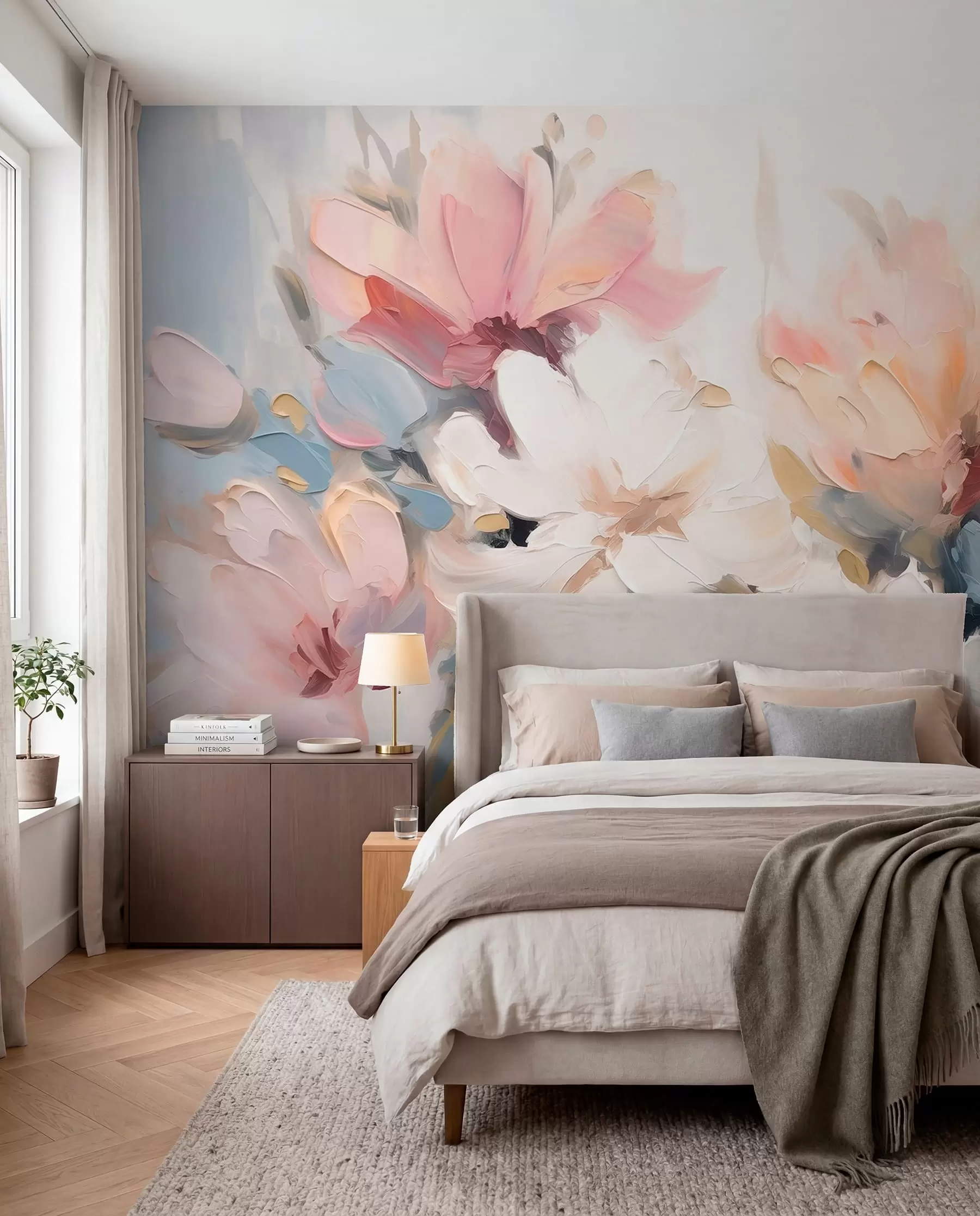 Murale Fleurs abstraites à la peinture à l'huile dans des tons doux w03575