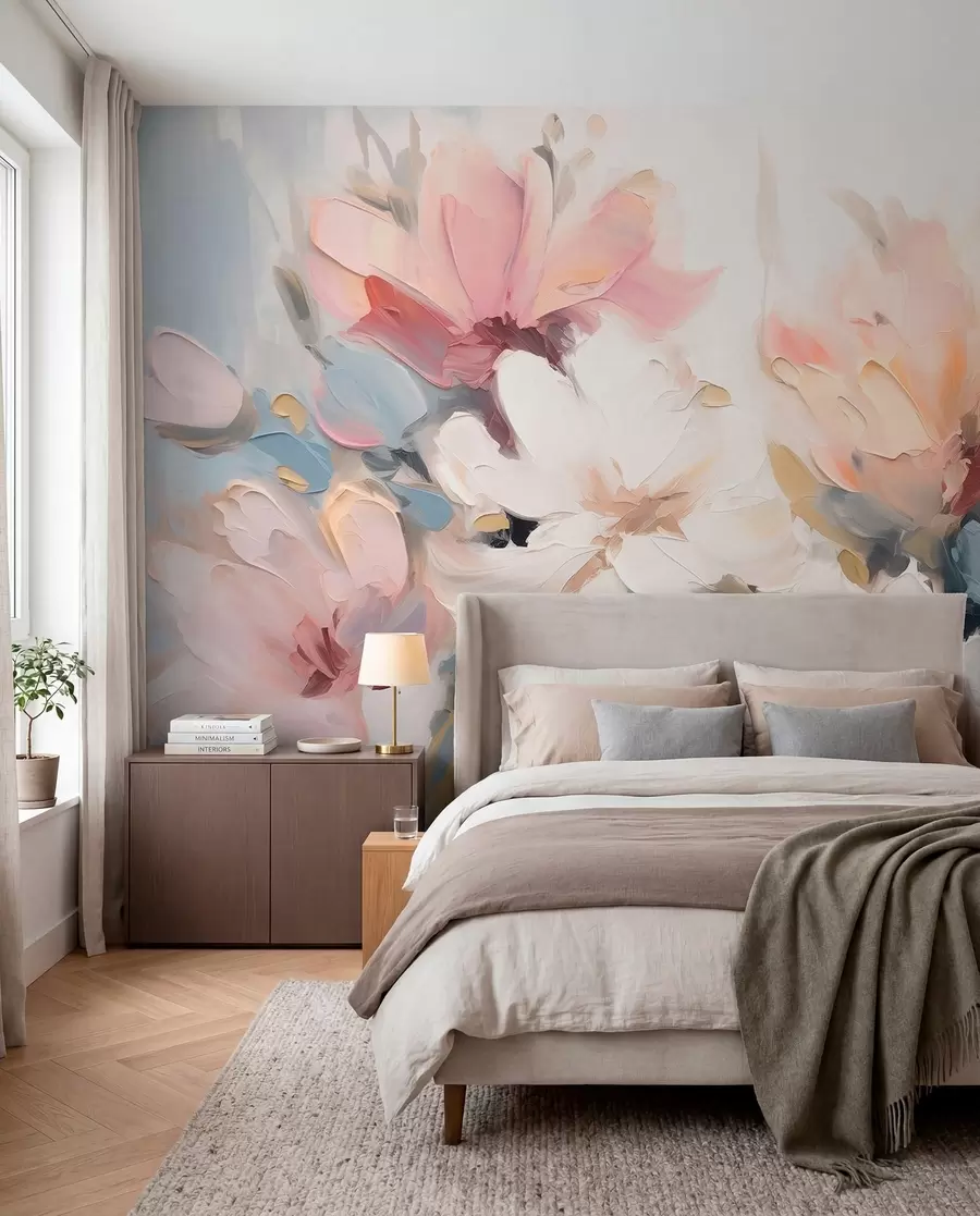 Murale Fleurs abstraites à la peinture à l'huile dans des tons doux w03575