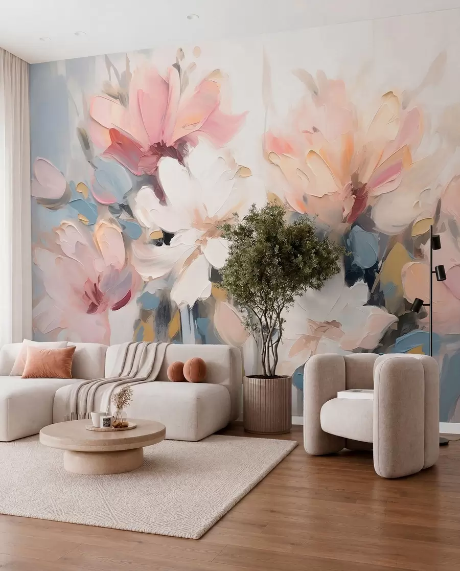 fototapeter Abstrakte blomster i oliemaleristil i bløde toner w03575