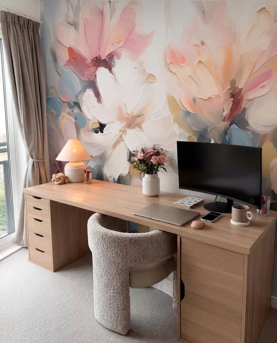 fototapeter Abstrakte blomster i oliemaleristil i bløde toner w03575