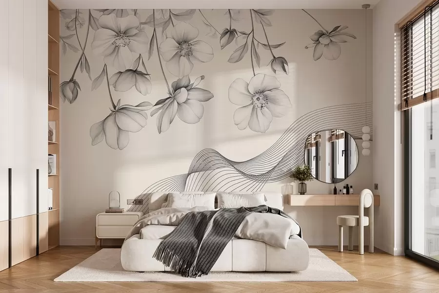 Murale fleurs et lignes graphiques sur fond clair w03454