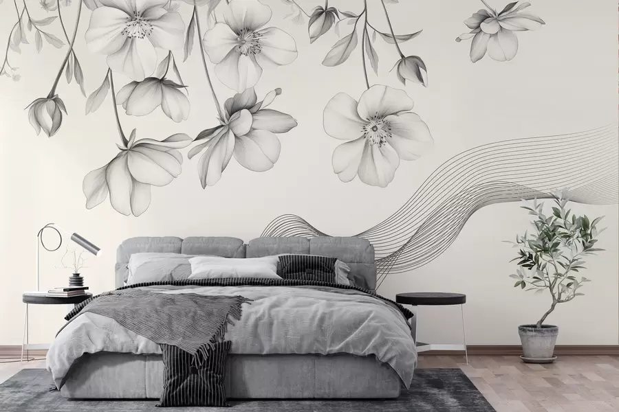 Murale fleurs et lignes graphiques sur fond clair w03454