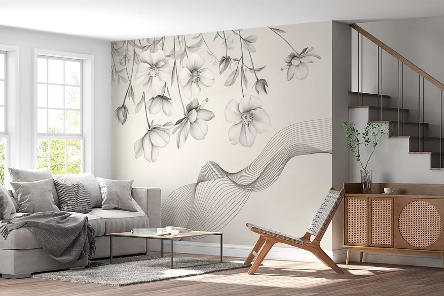 Fototapete grafische Blumen und Linien auf hellem Hintergrund w03454