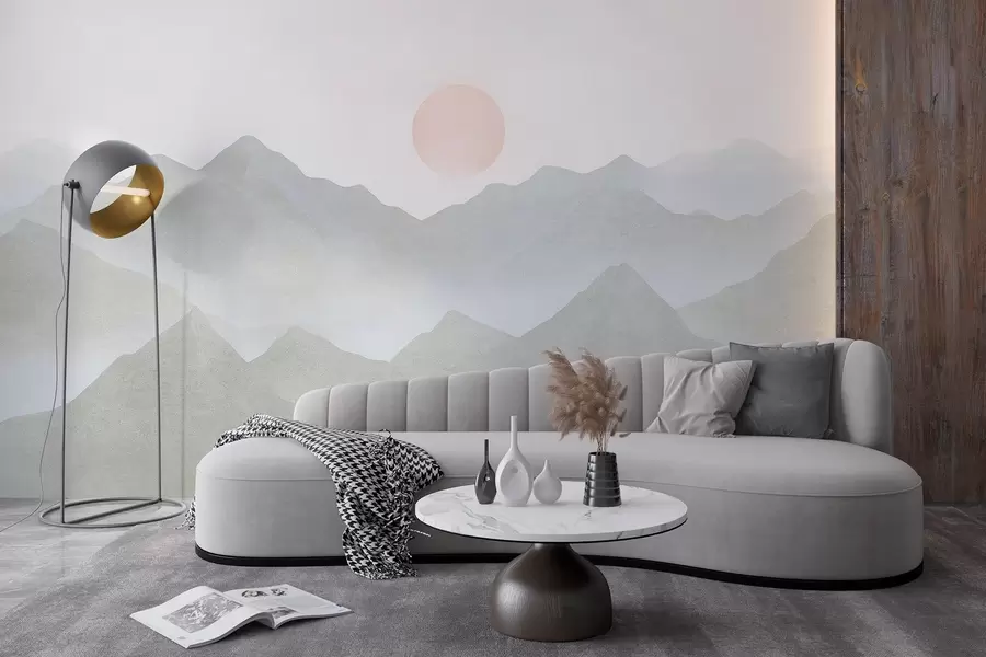 Fototapete Boho-Stil Berge Landschaft, Sonnenuntergang, weichen Pastell, grau w03547v1