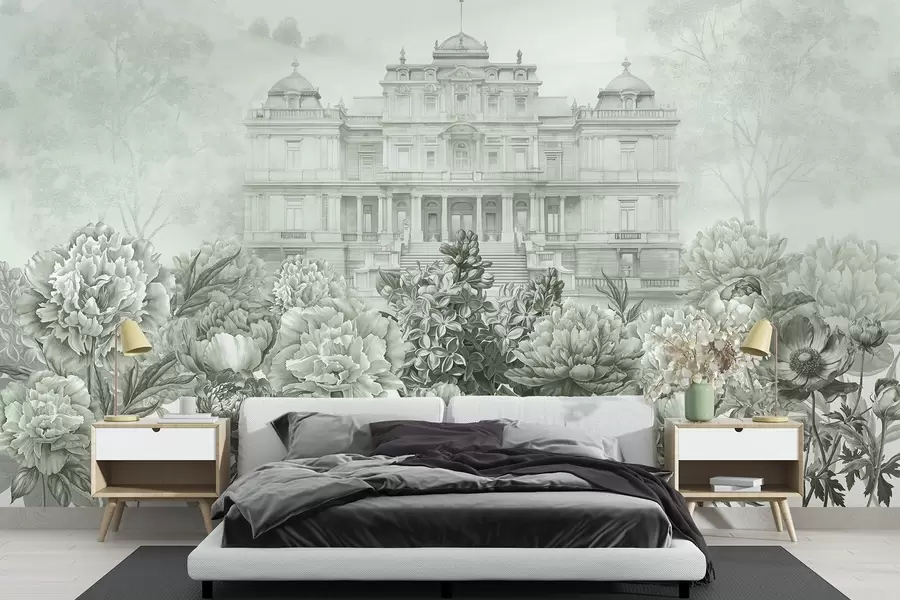 fototapeter Kongeligt palads med pæonhave, akvarel-stil, natur, grønne farver, boho w03552v2