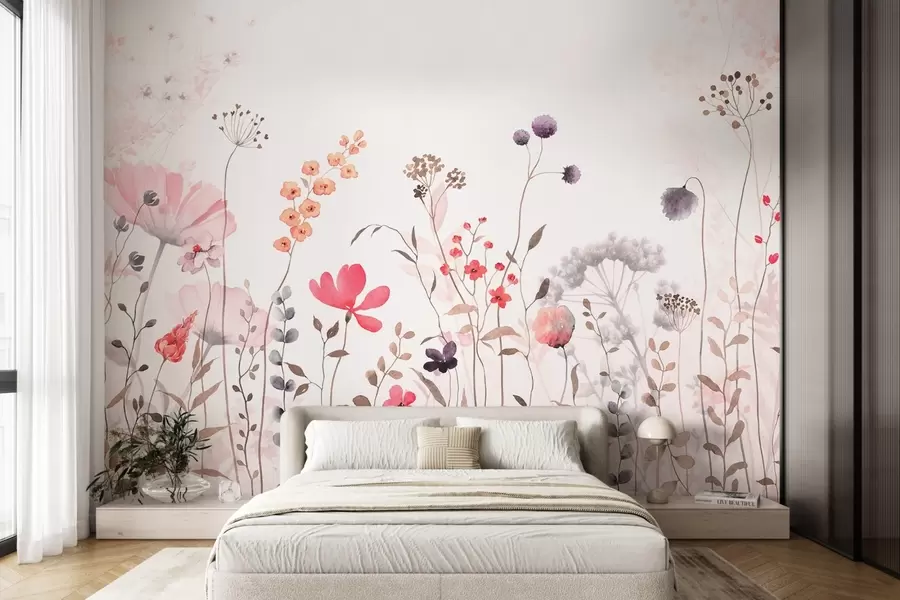 Fototapete Wildblumen im Aquarellstil mit Mohn, Chrysanthemen, Löwenzahn und Gras w08956