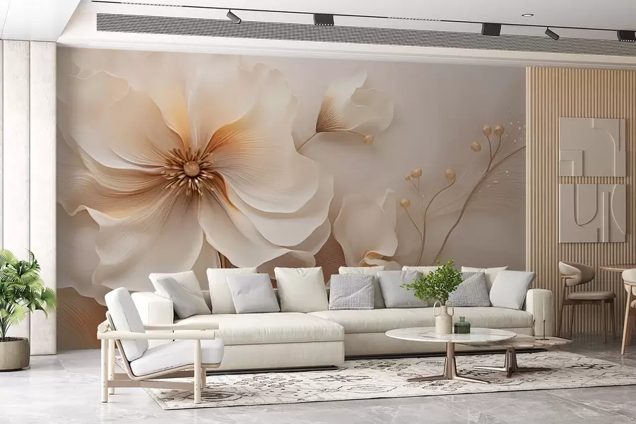 Fototapete Beige und hellbraune Wildgräser mit Blumen in Beigetönen w08960