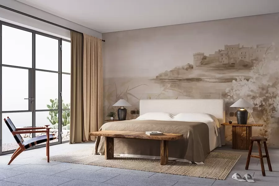 Fototapete Texturierte Vintage-Landschaft mit einem Schloss auf einer Klippe mit Blick auf das Meer, mit Lavendelblüten in gedeckten Farben w08975v1