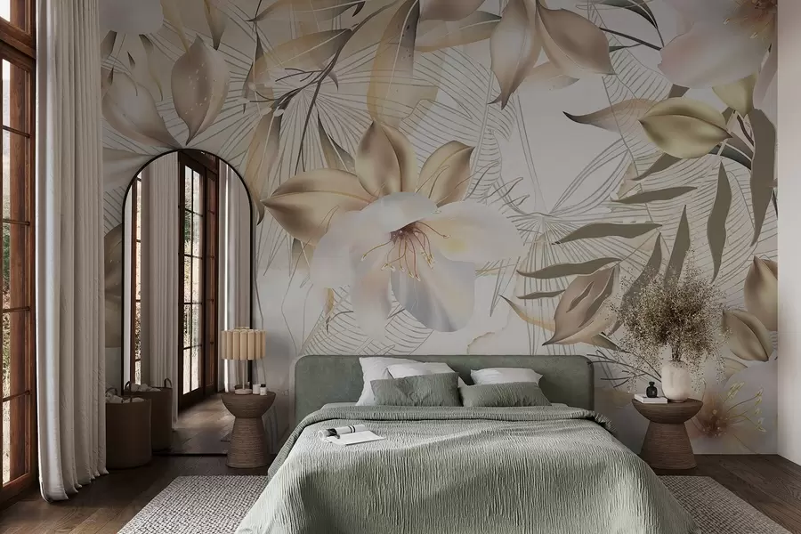 Fototapete Jasminblüten und Blätter, weiche Farben, botanische Illustration, floraler Hintergrund, elegantes Design, zarte Blütenblätter w08977