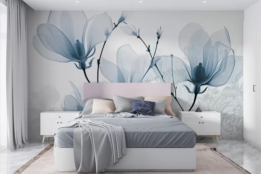 Fototapete Transluzente blaue Magnolienblüten mit Blumensilhouetten mit zarten Blütenblättern und dunklen Stängeln w08978