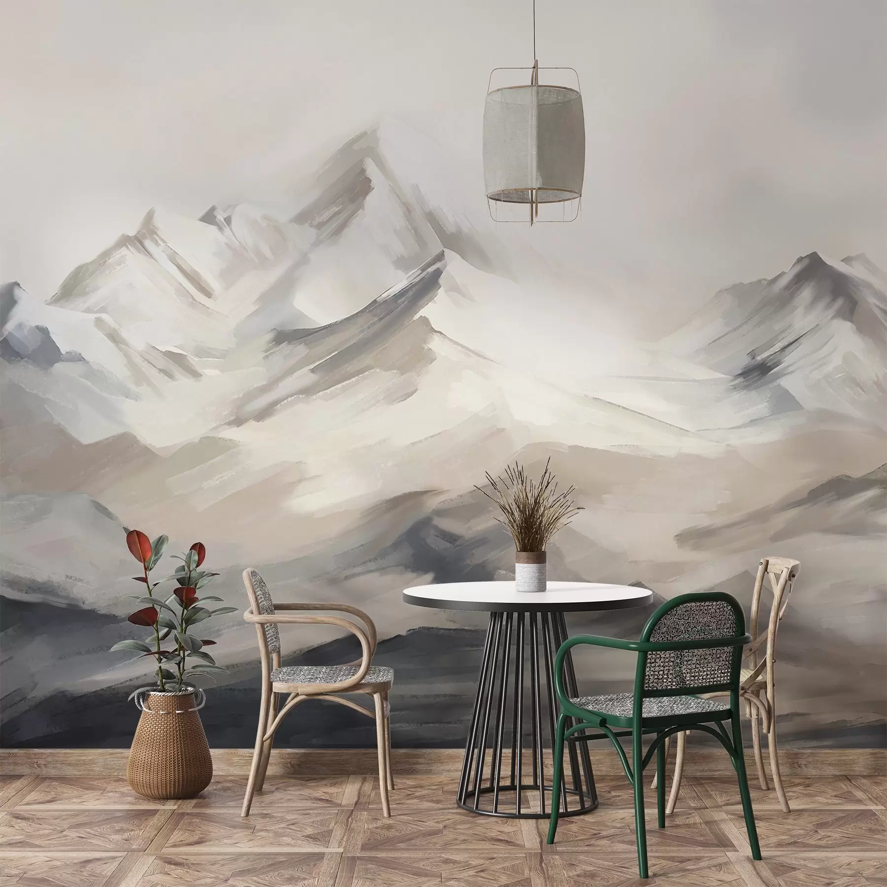 Murale Paysage de montagnes avec ciel clair, coups de pinceau, couleurs neutres beige et gris, chaîne de montagnes w08980