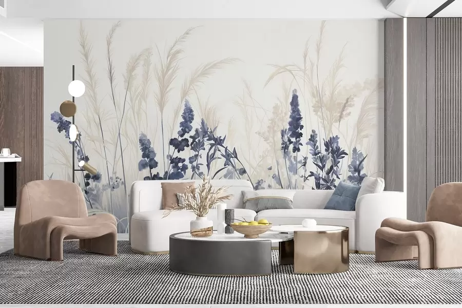 fototapeter Blå blomster og beige siv på en mark, minimalistisk maleritekstur, lys baggrund, bløde farver, delikate penselstrøg  w08982