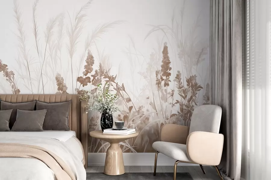 Murale Fleurs brunes et roseaux beiges dans un champ, texture de peinture minimaliste, fond clair, couleurs douces, coups de pinceau délicats w08982v1