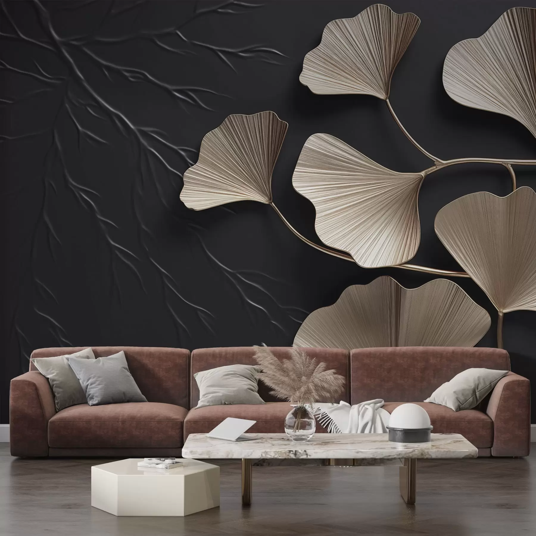 Murale Feuillage volumétrique sur un mur sombre avec des branches w03650