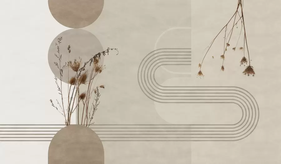 Fototapete stilvolle Geometrie und Trockenblumen in Beigetönen w03449