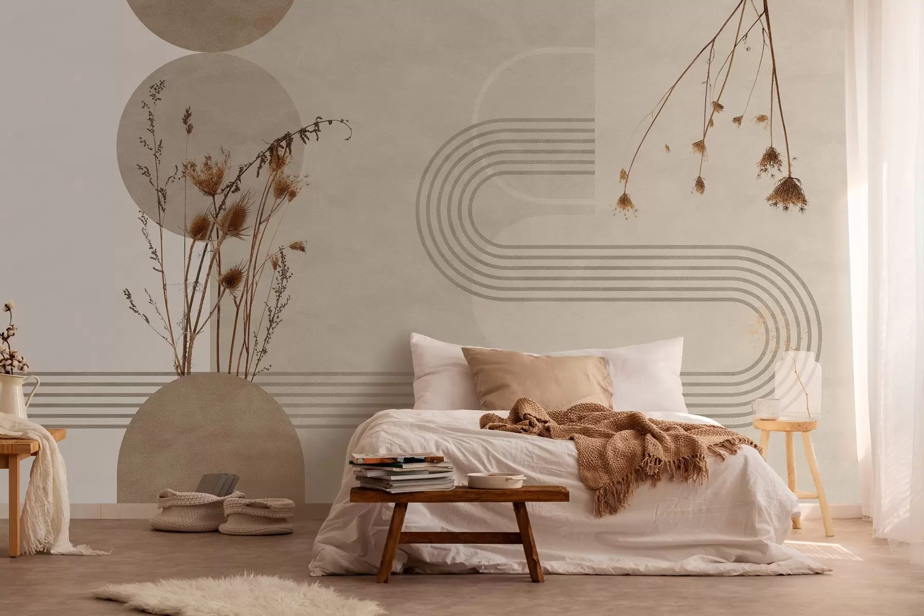 fototapeter stilfuld geometri og tørrede blomster i beige toner w03449