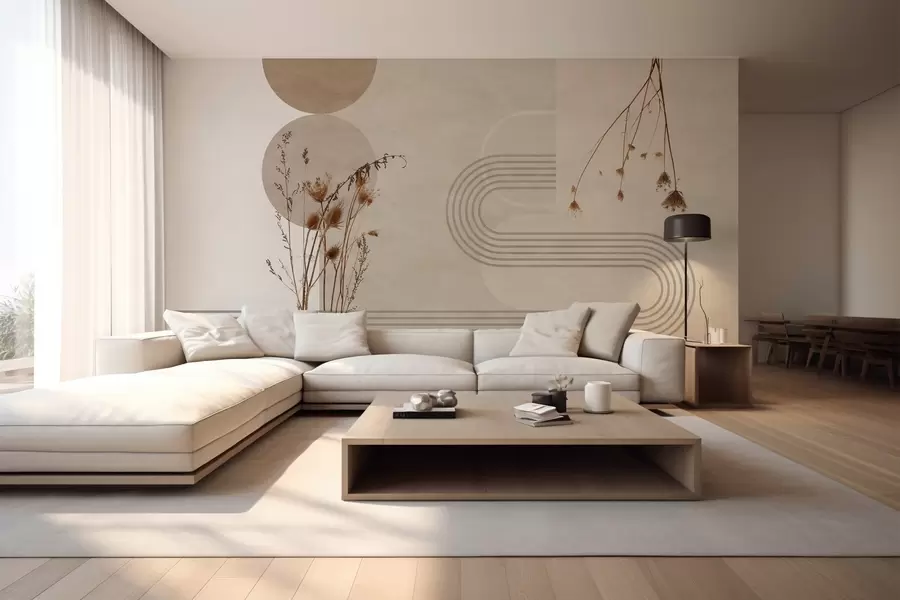 Fototapete stilvolle Geometrie und Trockenblumen in Beigetönen w03449