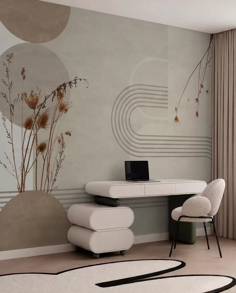 fototapeter stilfuld geometri og tørrede blomster i beige toner w03449
